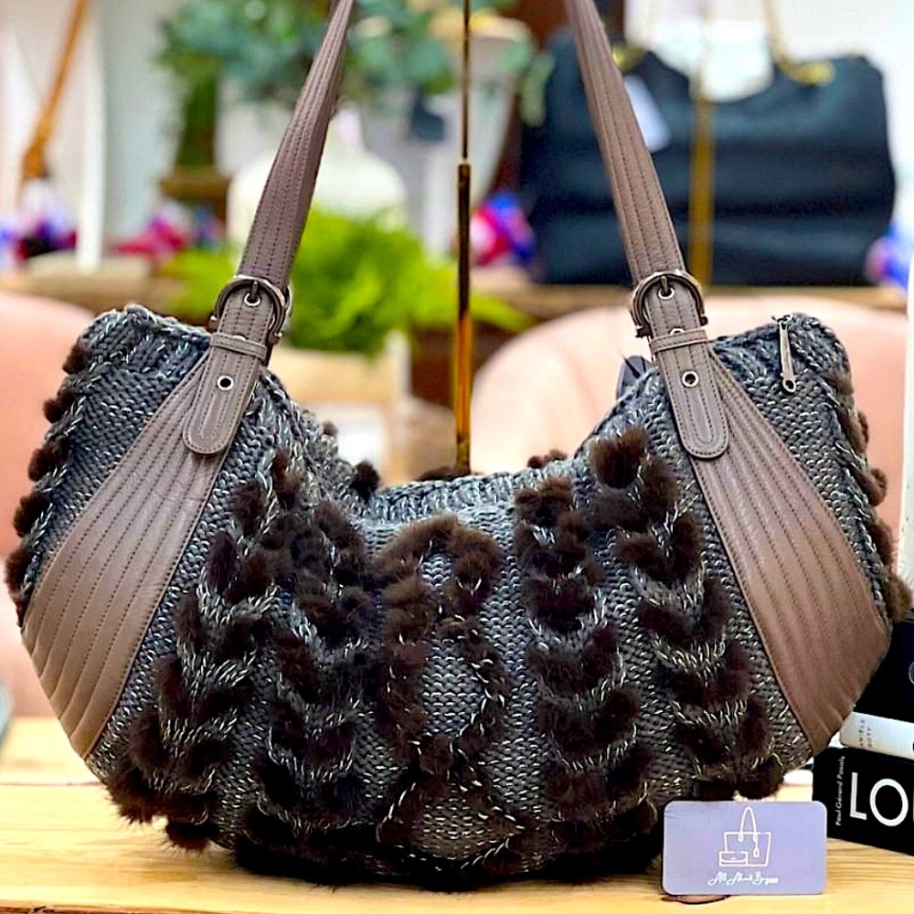 Salvatore Ferragamo Authentic Brown Mink. Grey Knit. Leather Trim Bag